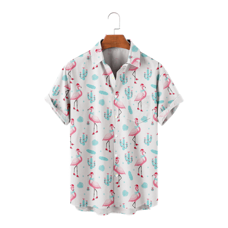 

MLFU Youth Adult Flamingo Short Sleeve Aloha Beach Shirt Graphic Lapel Print Tops Summer Bowling Shirts Up to 8XL