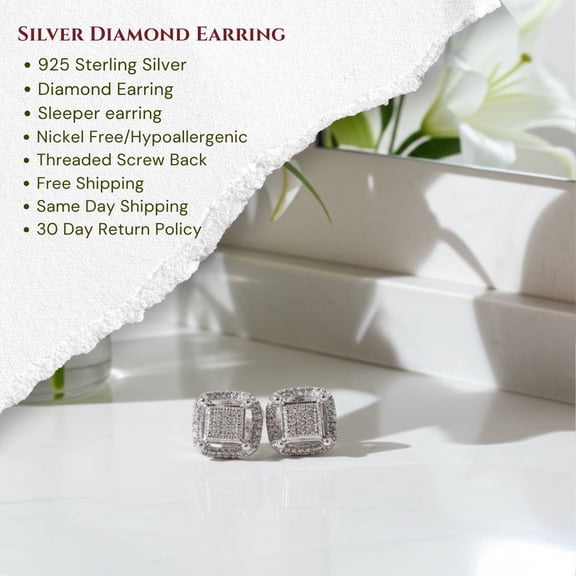 King of Bling's Women's Stud In 925 White Sterling Silver 0.05ct Diamond Stud Men's Earrings