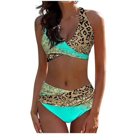Summer Savings 2024! TMOYZQ Women s High Waisted Bikini Sets Leopard Print Front Cross Halter Swimsuit Two Piece Cheeky Bathing Suit for Women Tummy Control Beach Swimwear