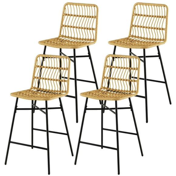 Gymax 4 PCS Rattan Bar Stools Counter Height Chairs w/ Metal Legs Natural