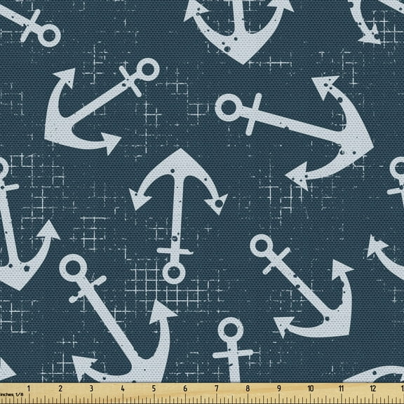 Ambesonne Nautical Fabric by the Yard Upholstery, Marine Grunge Graphic Art, 5 Yards, Petrol Blue Pale Blue