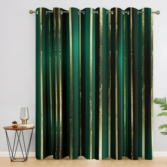 Striped Curtains For Living Room, Emerald Green And Gold Blackout Curtains For Bedroom - Modern Decor Window Curtains, Grommet Drapes 21"W x 45"L (Pack of 2)