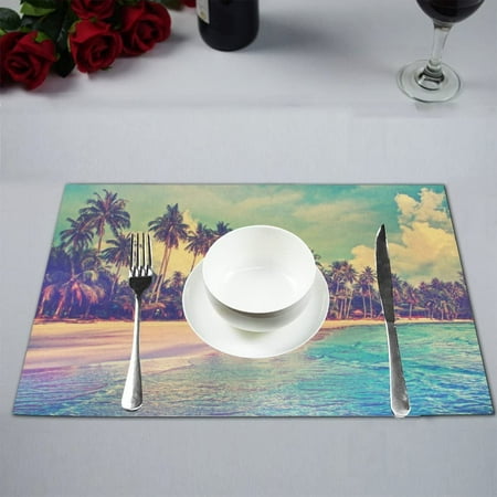 

ECZJNT Tropical Palm Tree Beach Placemat Plate Holder Set of 6 Summer Paradise Seascape Table Mats Protector 12x18 inch