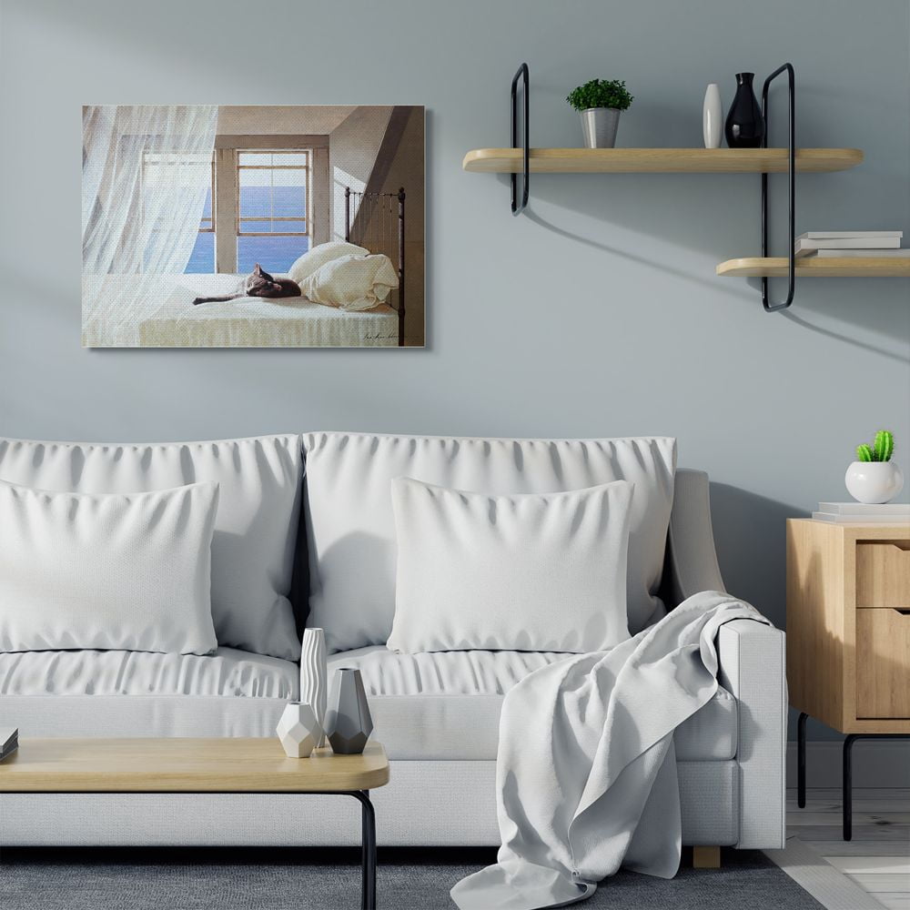 Stupell Industries Cat Resting on White Oceanside Bed Nautical Painting Designed by Zhen-Huan Lu