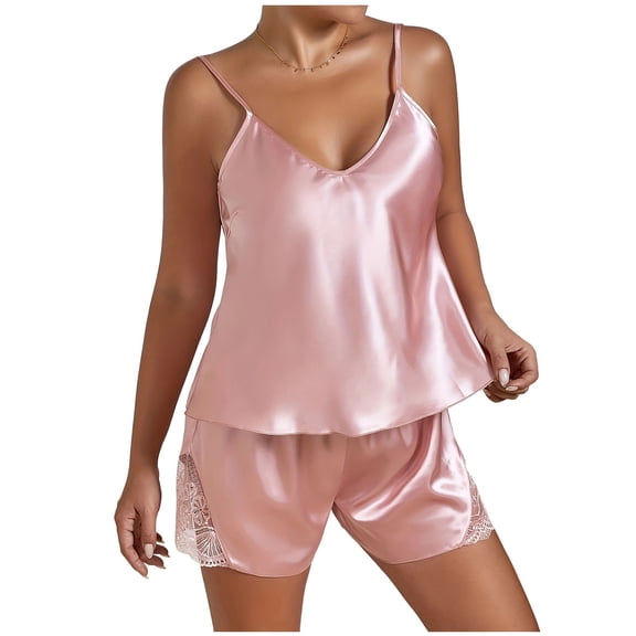 Gytharion 2 Piece Satin Silk Pajama Sets for Women Lace Patchwork Sling V-neck Backless Tops and Elastic Waist Shorts Summer Fashion Lounge Sets