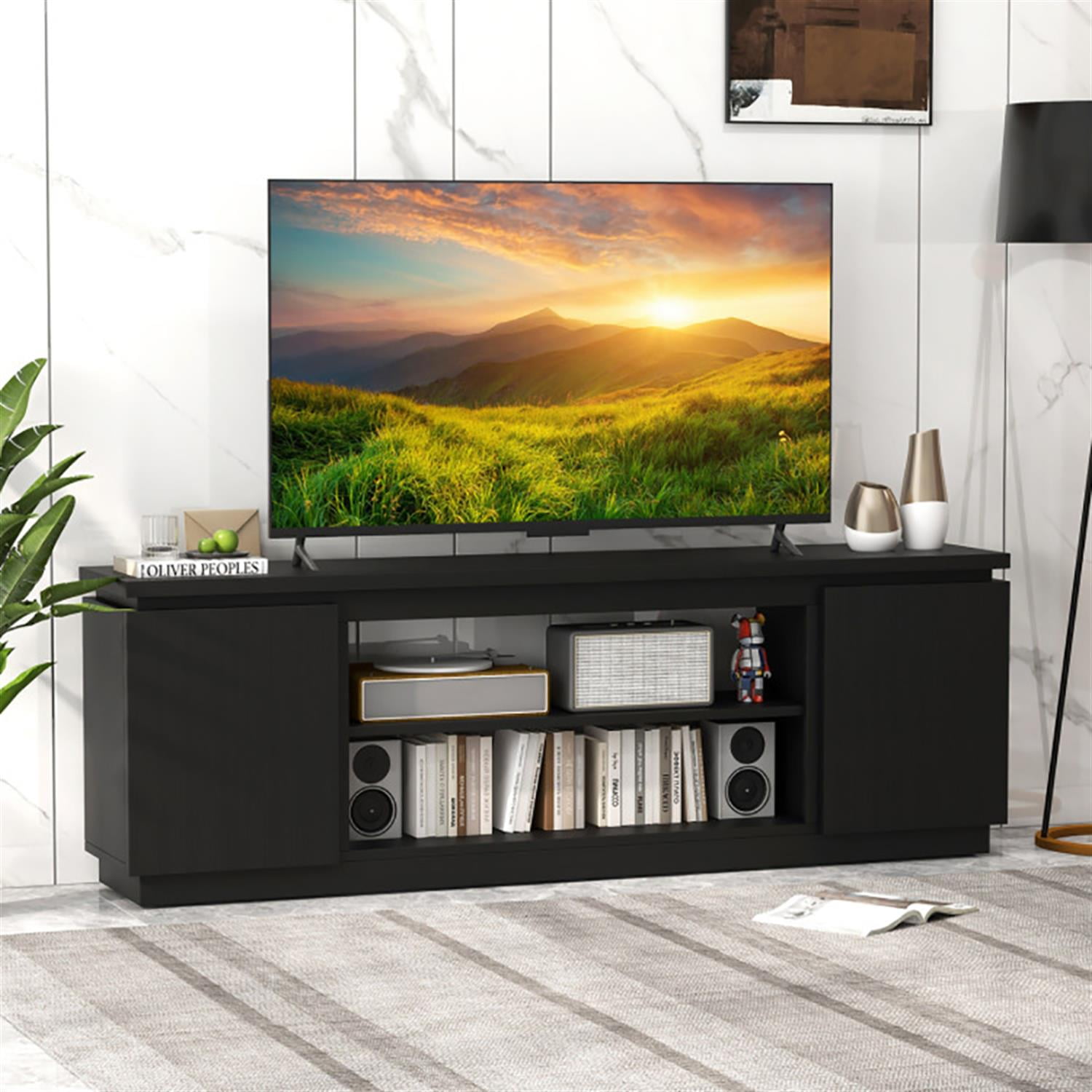 Demi Bonn TV Stand for 80" TVs, Entertainment Center with 3 Adjustable Shelves, Modern Media TV Console Table for Living Room Bedroom, Black