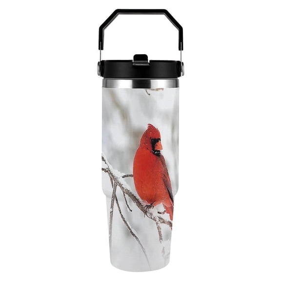 Merry Christmas Cardinal Red Bird on Branches 30 oz Stainless Steel Tumbler with Handle， Insulated Travel Coffee Mugs Cup Gifts for Men Women Kids