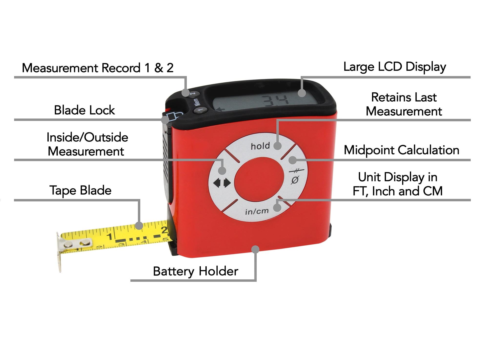 K Digital Tape Measure, Display And Read Accurate Distance On A Large Screen, SAE and Metric Units, Easy Unit Conversion, 16 feet Two Pack Red