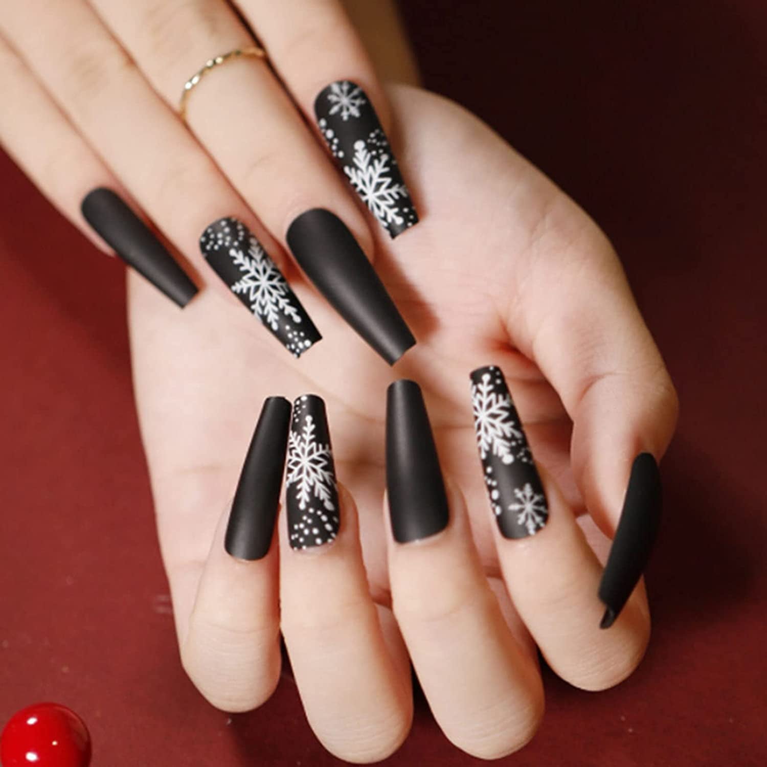 Extra Long Coffin Press On Nail Snowflake Glossy Ballerina Fake Nail Matte Elk Black False Nails Acrylic Full Cover Nails Nails Accessory For Women And Girls 24pcs Matte Black Snowflake Walmart Com