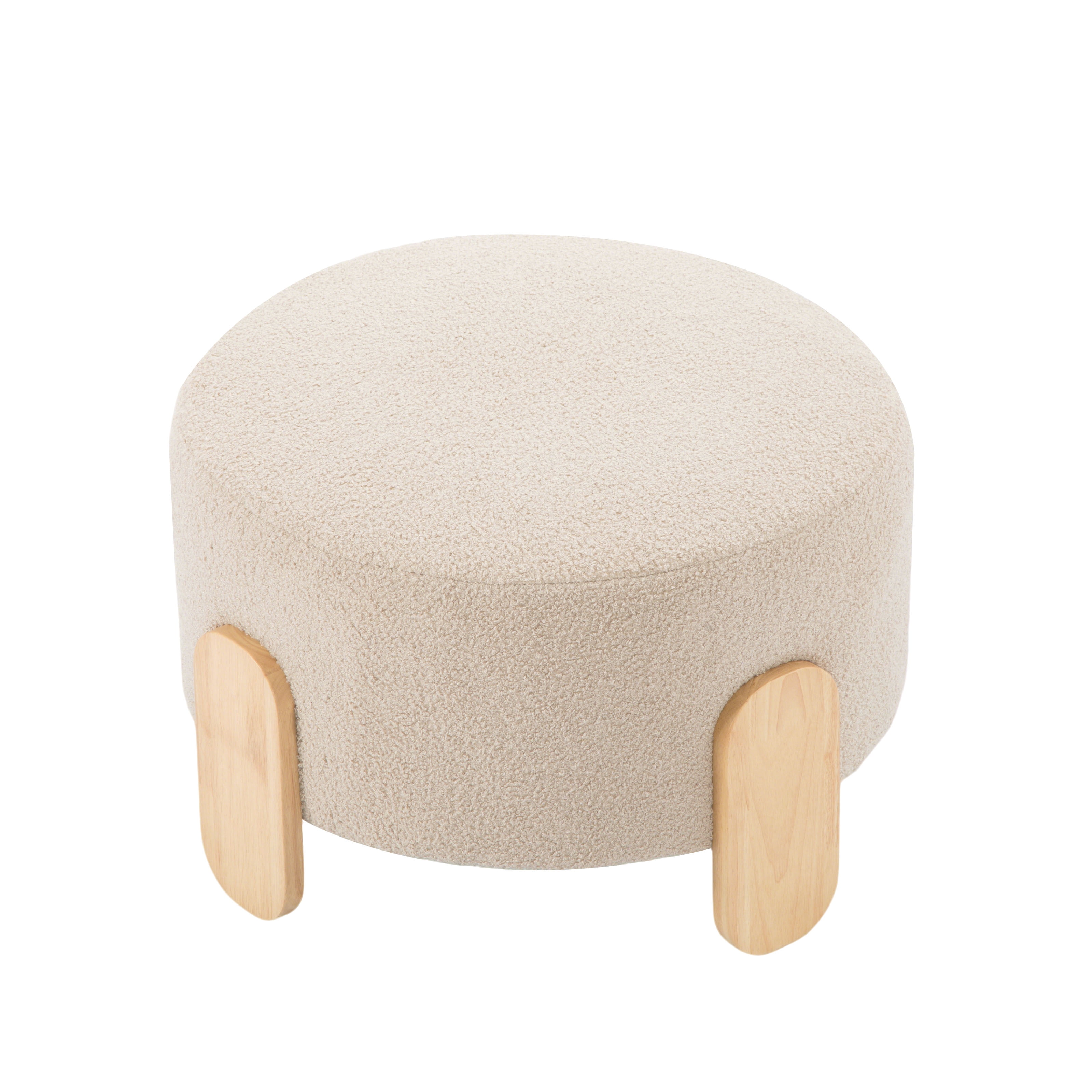 Gewnee 24.8”Round Ottoman,Teddy Fur Cushioned Stool,Solid Wood Legs,Home Office Multi-Functional Leisure Ottoman.(Beige)