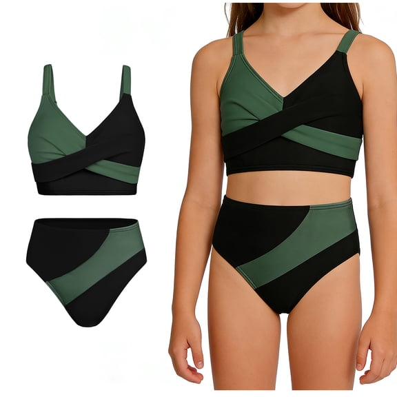 Girls Swimsuit Adjustable Straps Color Block Print Bikini Set with Swim Bottoms 2 Piece Bathing Suits for Girls 7-16 Years