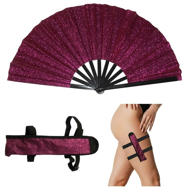 Abanico plegable de purpurina de 33 cm con bolsa - Succión magnética estilo Kung Fu - Multiusos para danza, Hanfu, estudiantes - Diseño antiguo para niños y adultos