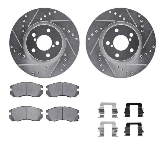 Dynamic Friction Company Front Brake Rotors-Drilled and Slotted-Silver with 5000 Advanced Brake Pads includes Hardware 7512-13009