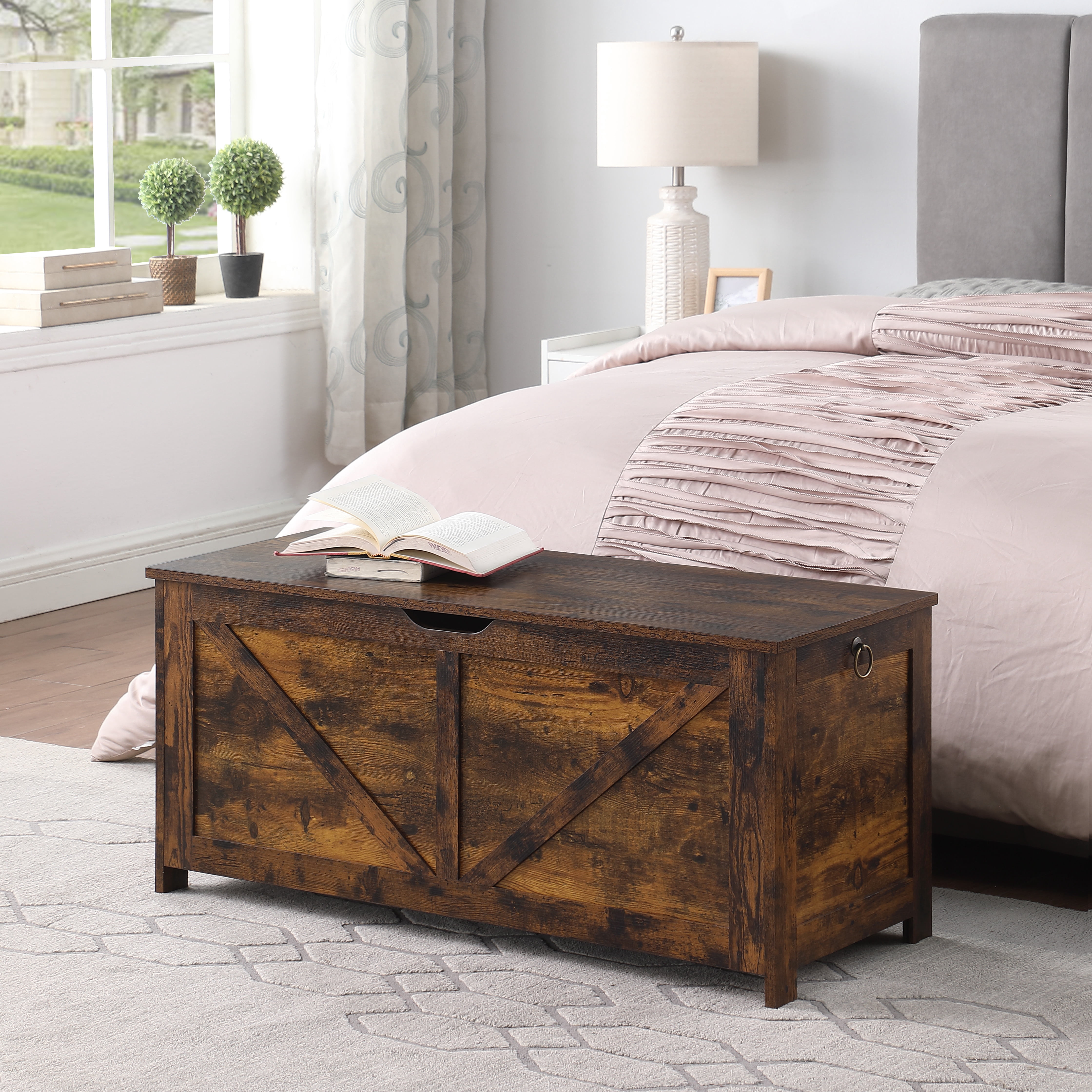 Rustic Brown Storage Chest Bench, 39.4 Inch Long with Two Durable Hinges, U-Shaped Pull Handle, Ideal for Toys, Blankets and Entryway Organization