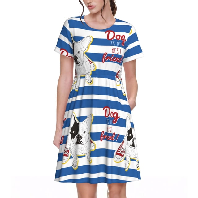Easygdp Bulldog Friend para Vestido Transpirable de Mujer, Vestido Suelto de Manga Corta con Pliegues y Bolsillos para el Verano