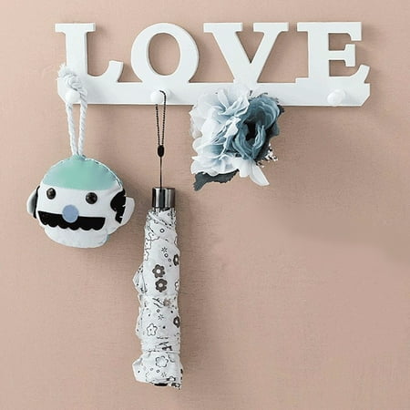 Wall Mount Door Holders - 4 Hooks LOVE Wooden Hanger Rack Door Wall Mounted Clothes Coat Key Hat Bag Hanging Holder Home Decoration White 13.35x3.46'