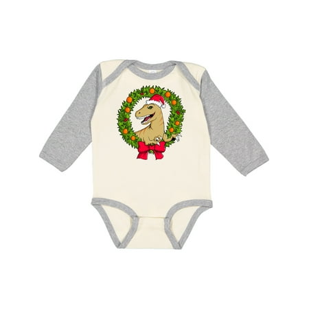 

Inktastic Christmas Raptor in Santa Hat with Wreath Gift Baby Boy or Baby Girl Long Sleeve Bodysuit