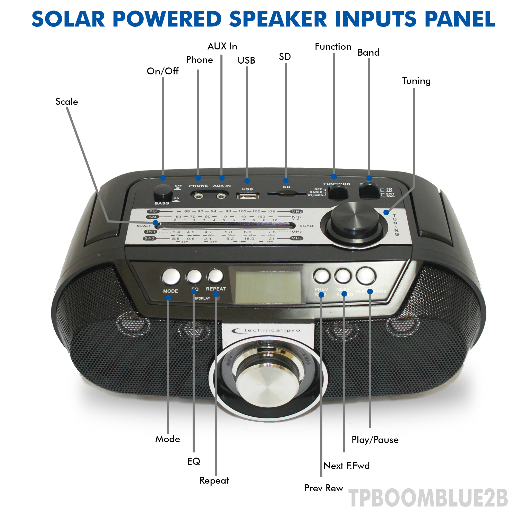 Technical Pro Portable Rechargeable Bluetooth Solar Powered Speaker w/ USB / SD Inputs, Perfect On-The-Go Speaker - image 2 of 6