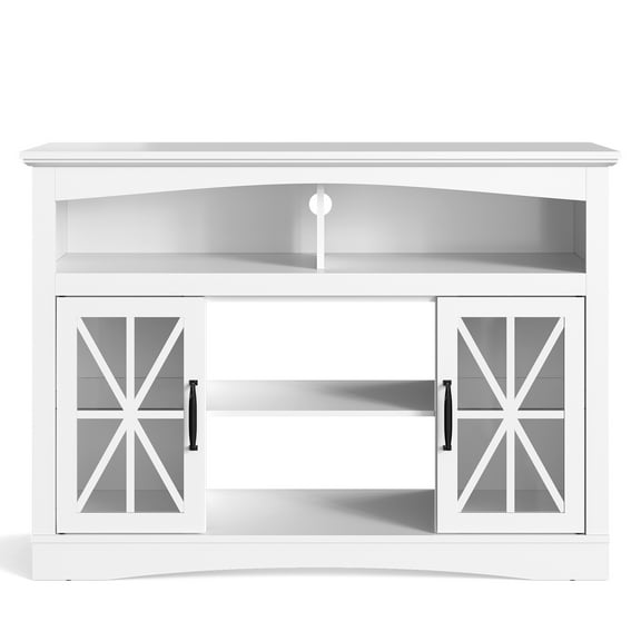 Heynemo White TV Stand with Adjustable Shelves, Farmhouse TV Console with Glass Doors & LED Lights for Living Room