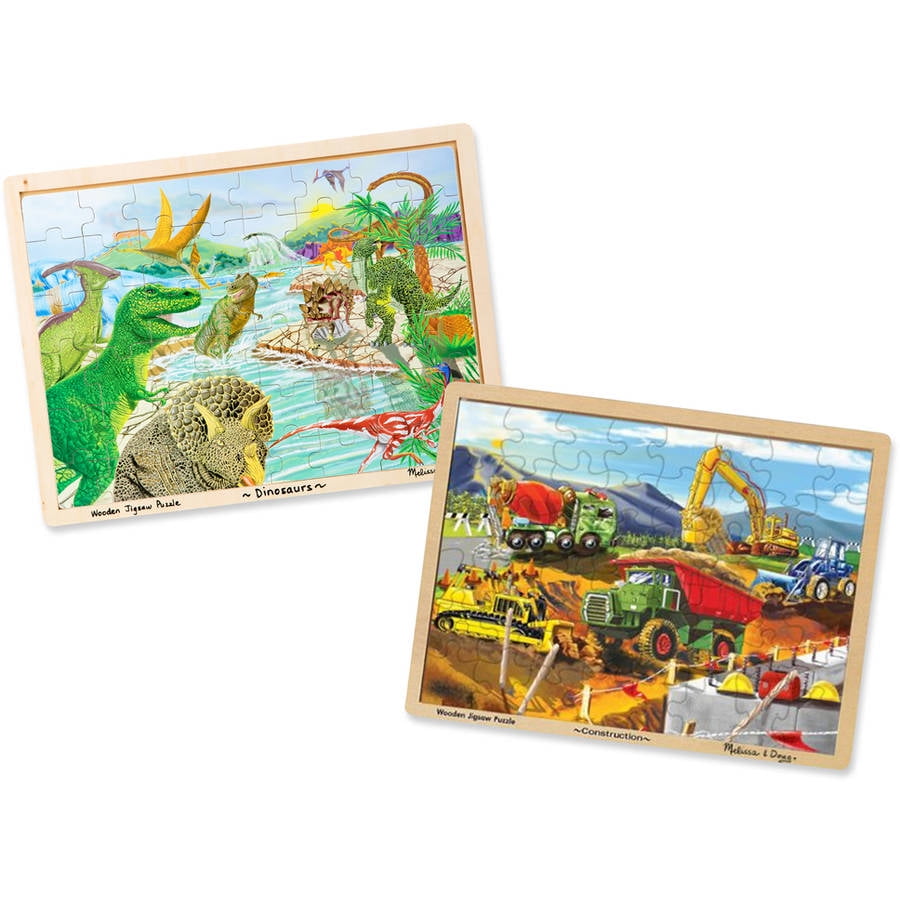 Melissa & Doug Wooden Jigsaw Puzzle Set Dinosaurs and Construction