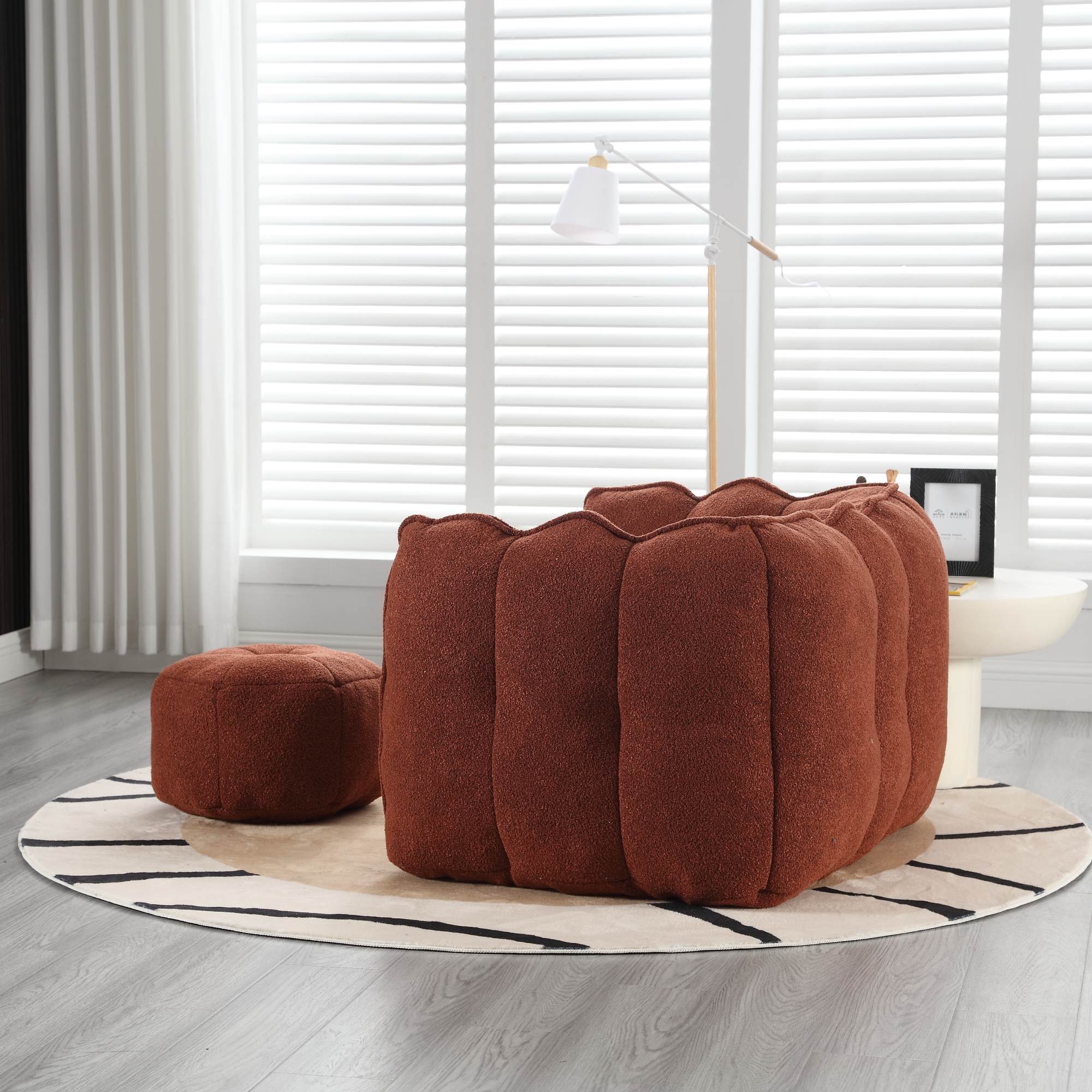 Leumius Soft Bean Bag Chair with High Resilient Foam(Chips)for Living Room and Bedroom,Comfortable Square Lazy Sofa with Footstool for Adults to Gaming, Reading and Watching TV Red+Brown