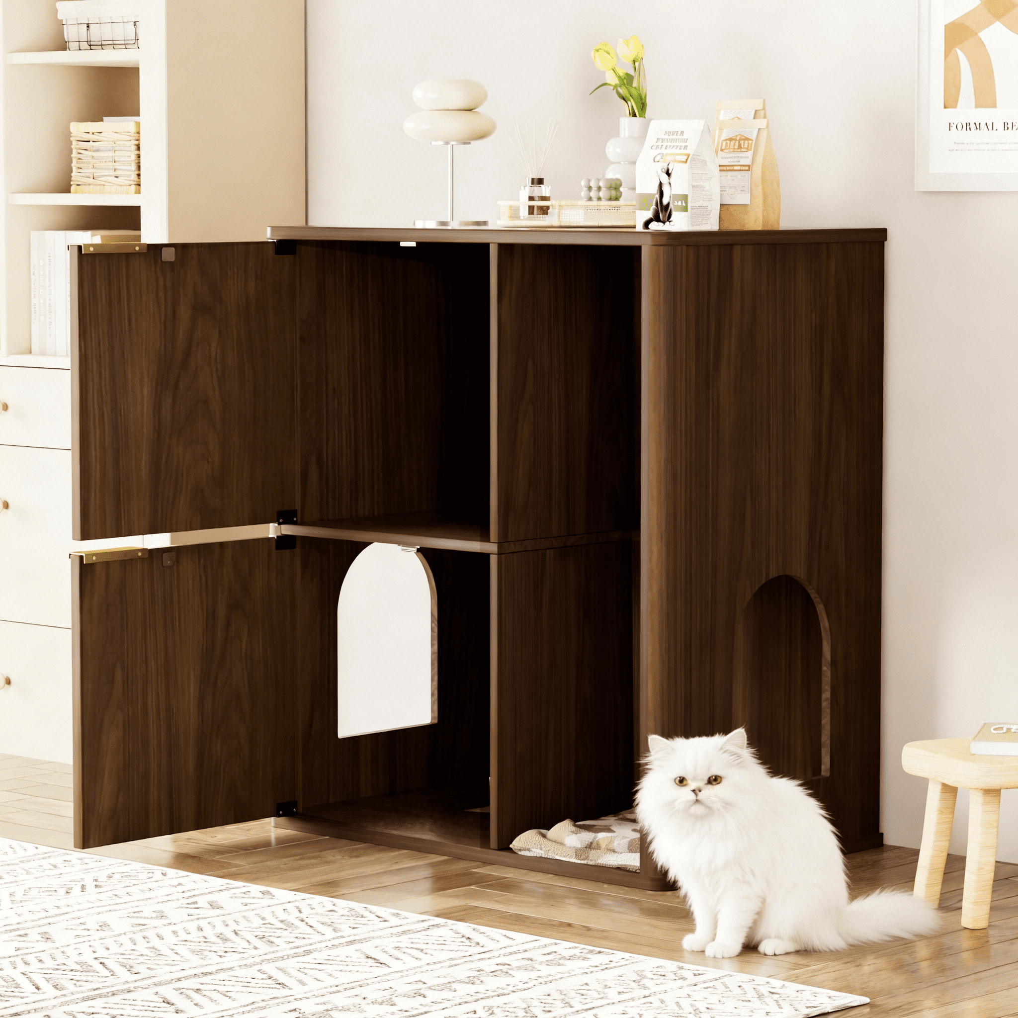 31.5-inch Walnut Cat Litter Cabinet with Cat Tree, Grooved Concealed Litter Furniture Featuring Dual Cat Doors and Storage Shelves, Versatile Pet Cabinet for Living Rooms or Bedrooms