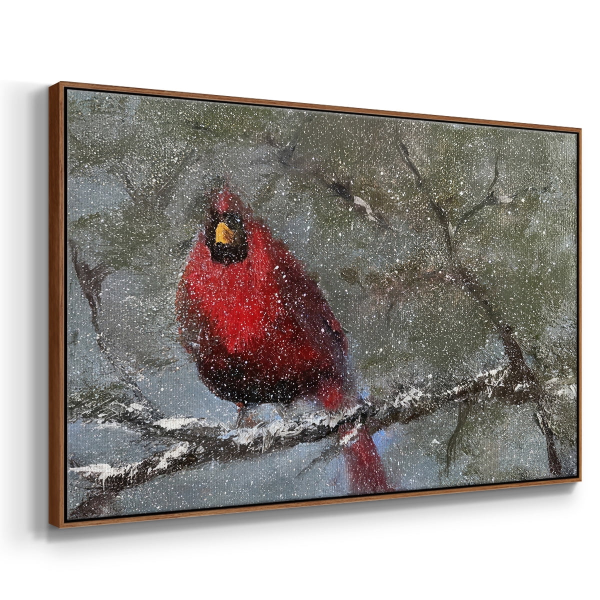 Cardinal in Snow I - Framed Gallery Wrapped Holiday Canvas - 17 x 25 - Rosewood Frame