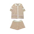 thumbnail image 4 of Karymi Shirts for Women 2-Piece Knit Outfit, Striped Openwork Short Sleeve Top + Elastic Waist Shorts with Pockets, Casual Summer Beach Set Blouses for Women, 4 of 6