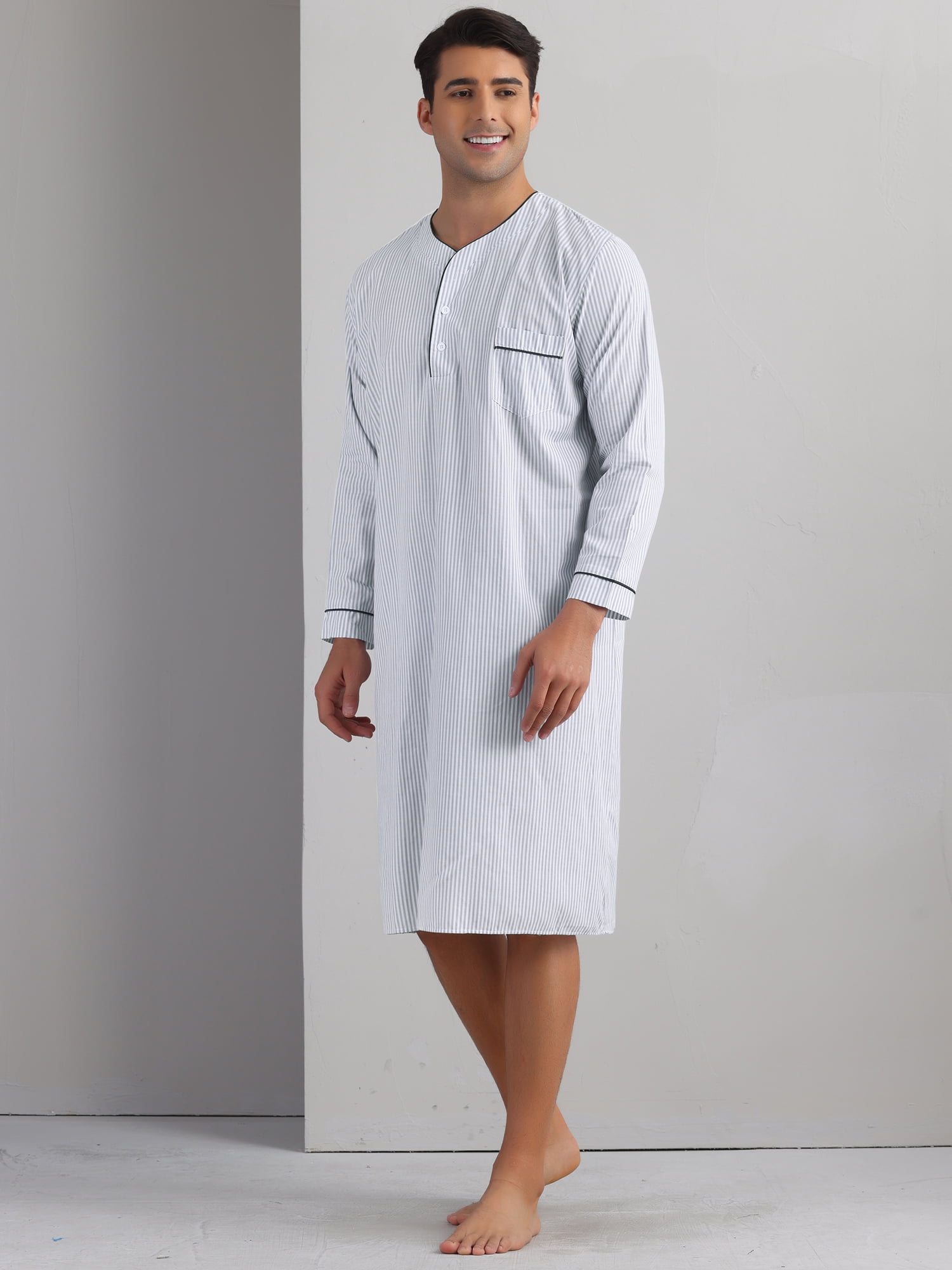DARING DIVA Men's Striped V-Neck Button Front Long Sleeve Comfortable Nightshirt M Light Gray