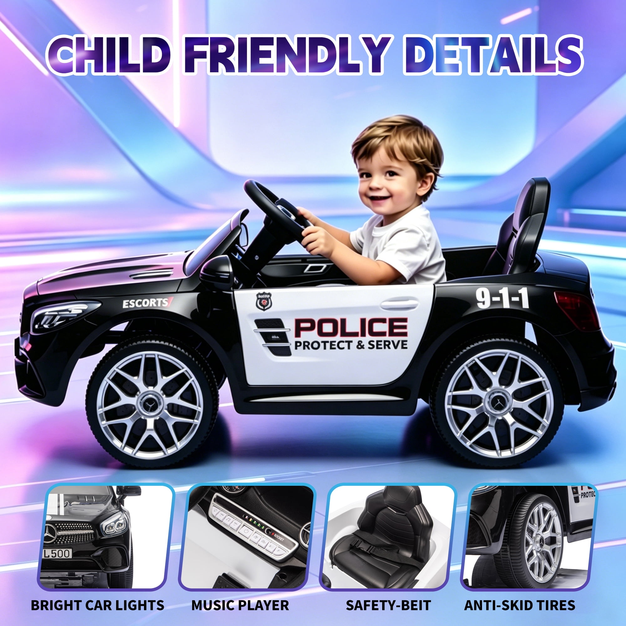 Xuanlur 12V Power Ride on Toys for Toddlers, Licensed Mercedes-Benz Ride on Cars for Kids, Kid Electric Car, Aged 1-4Y, Black Police Car