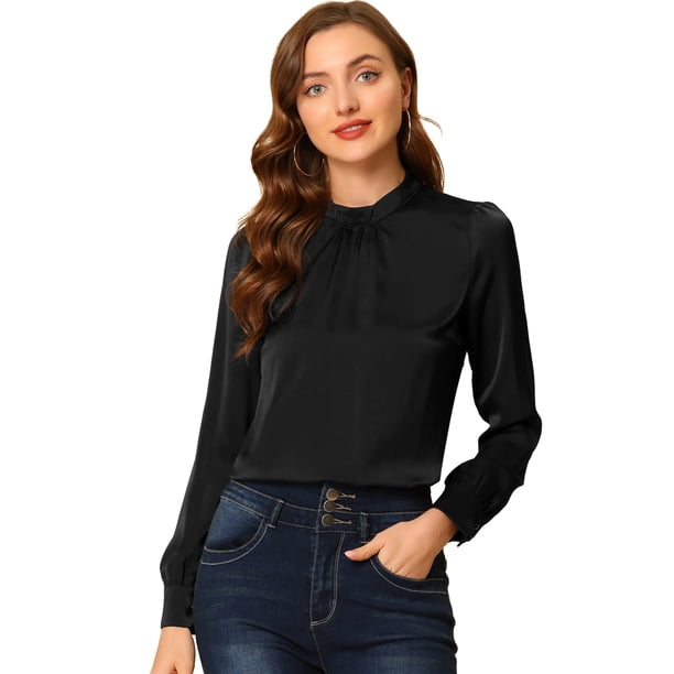 Blusa de manga de soplo fruncida plisada Allegra K Cuello alto suave sedoso Negro S