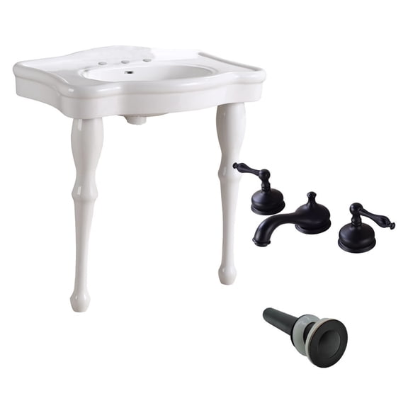 White Console Sink Combo - Basin, Two Spindle Legs w/Black 8" Faucet Bathroom Sink Tap| Renovators Supply