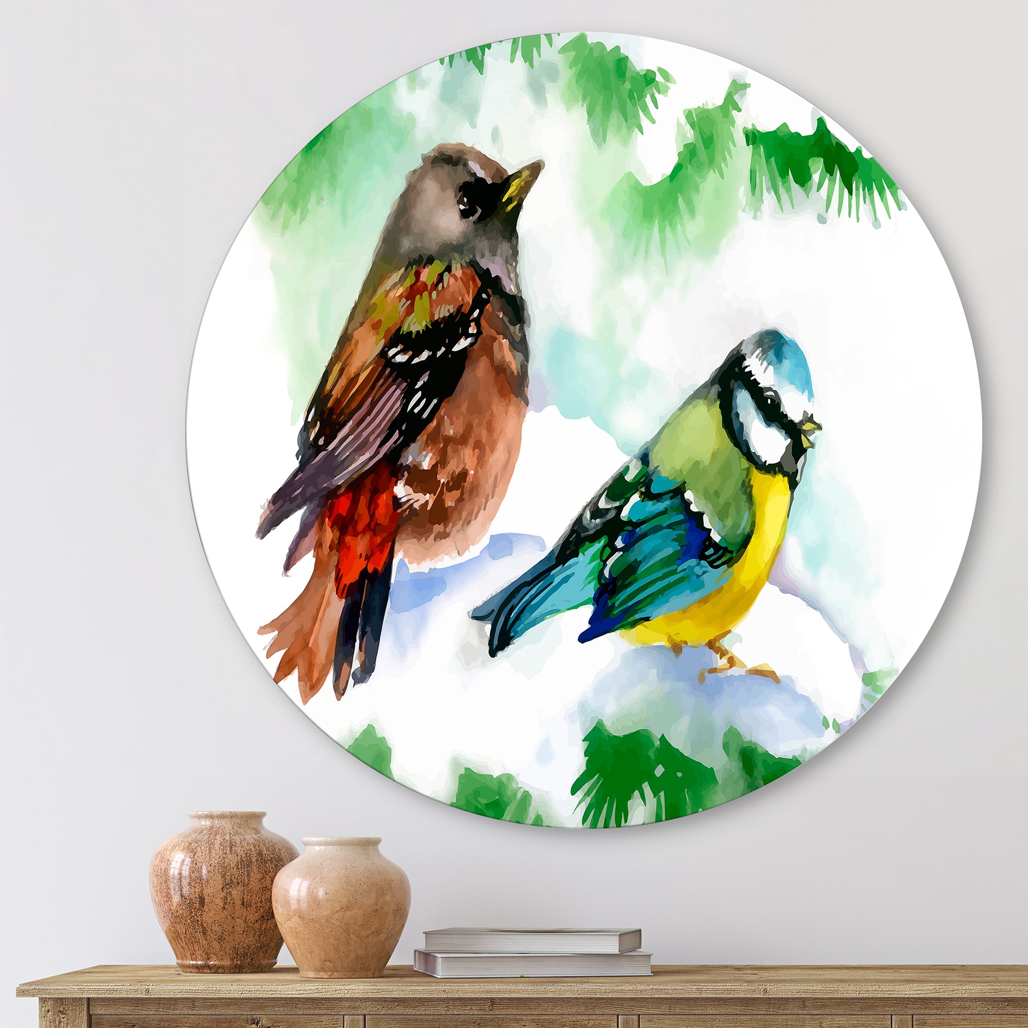Designart 'Forest Birds Sitting On Snowy Fir Tree Branch' Traditional Circle Metal Wall Art 11x11 - Disc of 11