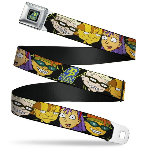 Nickelodeon Belt, Seatbelt Buckle Belt, Rocket Power Logo Character Faces Close Up Black Green Blue, 30 to 44 Inches