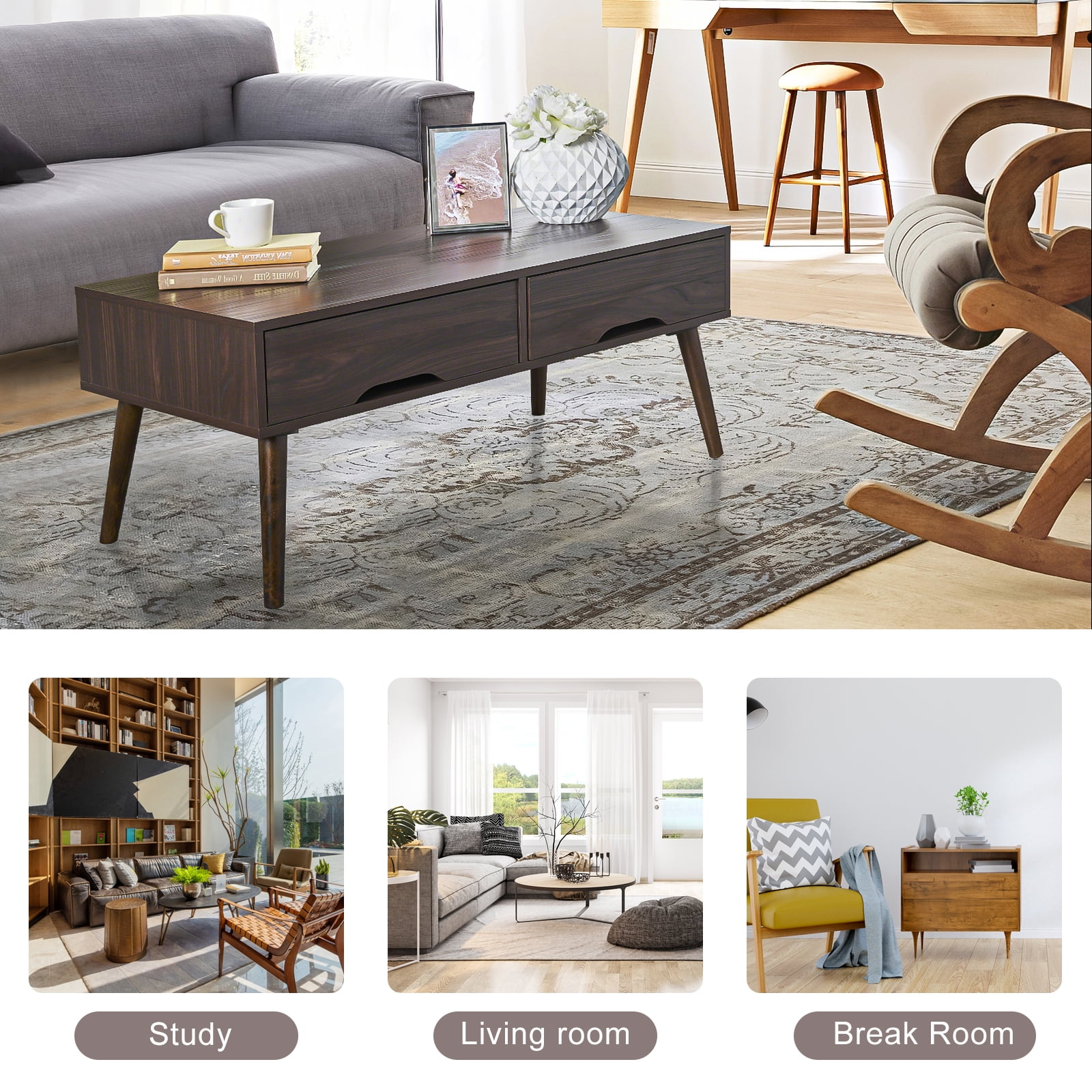 Kadyn Mid Century Coffee Table, Fiberboard Accent TV Table with Rubberwood Legs, Rectangle Center Table Sofa Table for Living Room, Wenge Kadyn Mid Century Coffee Table, Fiberboard Accent TV Table with Rubberwood Legs, Rectangle Center Table Sofa Table for Living Room, Wenge