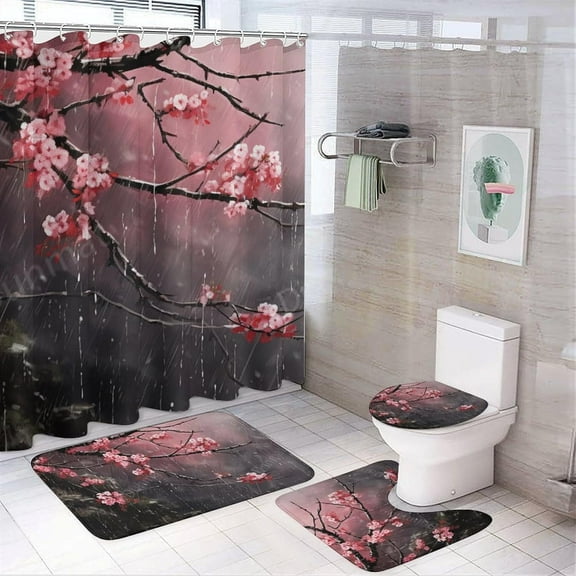 4 Pcs Vintage Cherry Blossoms Shower Curtain Set with Rug Rain Tree Black Mountain Lake Bathroom Sets with Waterproof Shower Curtain And Non-Slip Rugs Toilet Lid Cover Bath Mat Decor with 12 Hooks