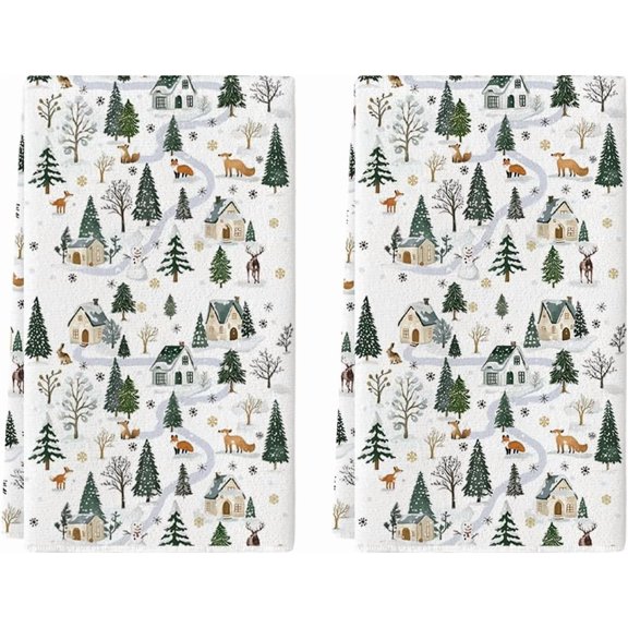 Fox Snowman Xmas Tree Christmas Kitchen Towels Dish Towels, 16x24 Inch Farmhouse Snowflake Winter Decoration Cleaning Set of 2
