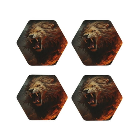 

Drink Coasters Set of 4 Cool Flame Lion A Leather Coasters for Coffee Table Protector Heat Resistant Cute Coasters for Home Decor Housewarming Gifts Bar Kitchen 4 Inch Hexagon