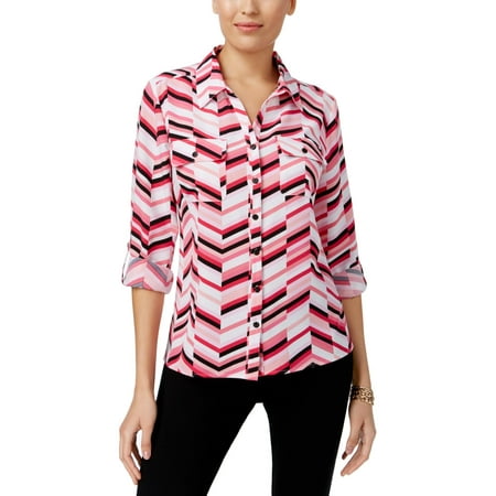 Stripe Cuff Shirt - NY Collection Womens Cuff Sleeves Striped Button-Down Top
