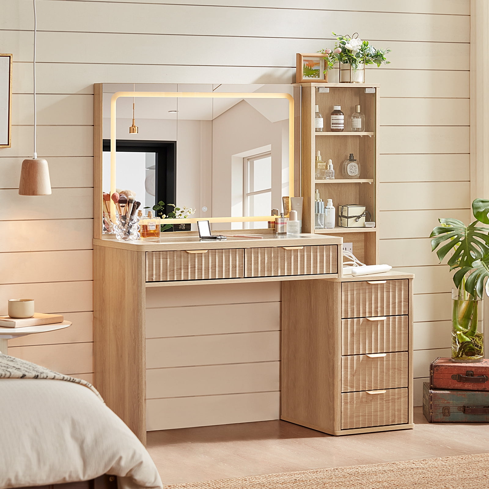 Leyaoyao 43.5 Fluted Makeup Vanity Desk with Mirror and LED Lights, Wood Makeup Vanity with Power Outlet & 3 Shelves for Living Room, Natural Oak