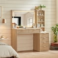 thumbnail image 4 of Flutted Makeup Vanity Table w/ LED Lights & 6 Drawers, Dressing Desk with Charging Station, For Femal Gift, Natural Oak, 4 of 6