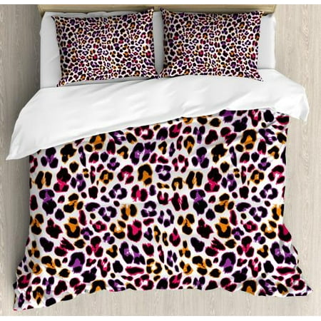 African King Size Duvet Cover Set, Leopard Skin Motif with Abstract Safari Animal Camouflage Pattern, Decorative 3 Piece Bedding Set with 2 Pillow Shams, Magenta Violet Marigold, by Ambesonne