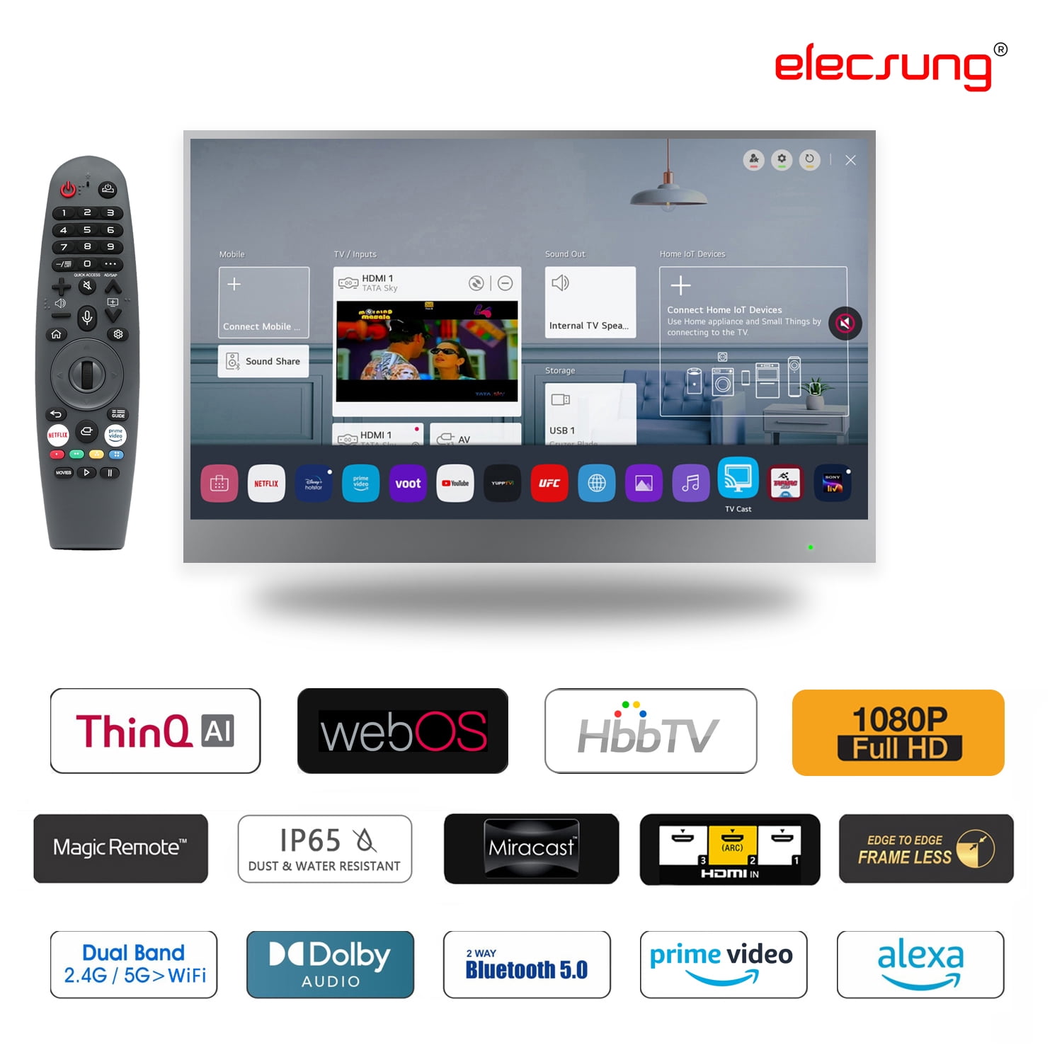 Elecsung 32 inch Smart 4K TV Mirror for Bathroom webOS IP65 Waterproof WiFi Bluetooth Voice Control Spa Built-in Alexa