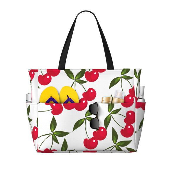 Ratiio Cherry Print Large Capacity Beach Travel Bag, Polyester Waterproof Tote Bag with Zipper for Vacation and Daily Use