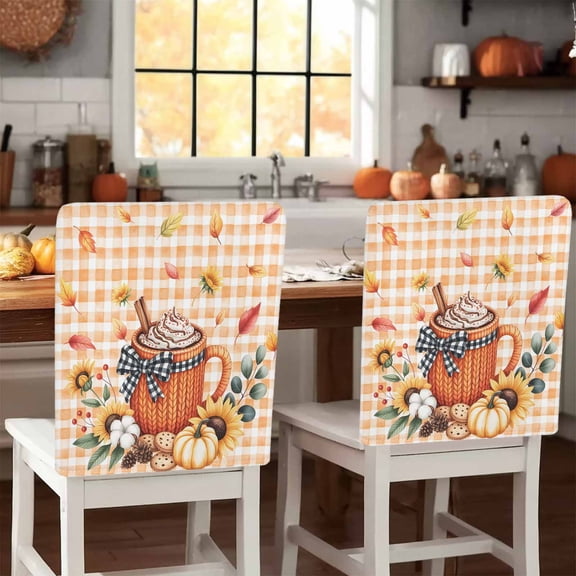 Thanksgiving Drink Chair Covers Set of 6 Sunflowers Fallen Leaves Orange Plaid Chair Back Covers Stretch Removable Washable Slipcovers Protector for Dining Room Kitchen Party Decor