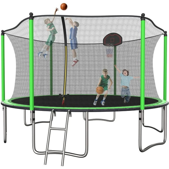 MOBICIA 14FT Trampoline, 1000Lbs Trampoline with Enclosure Net, Recreational Trampoline with Basketball Hoop and Ladder, Outdoor Backyard Jumping Trampoline, Capacity for 6-9 Kids and Adults Green