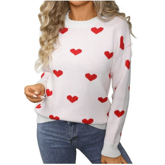 Lenpel Sweaters for Women Trendy Crew Neck Long Sleeve Heart Printed Knitted Pullover Tops Casual Graphic Sweaters(White,X-Large)
