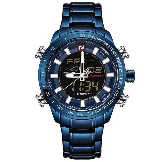 temporizador naviforce naviforce luxury dual display digital quartz men watch reloj deportivo de acero inoxidable luminoso reloj cronógrafo water-proof man clock + caja de regalo Reloj Naviforce azul, vista frontal centrada con pantalla dual analógica y digital; caja redonda de aleación azul y bisel con escala tachymeter, esfera negra con índices y manecillas luminosas blancas, pantalla LCD que muestra hora y cronómetro. Correa de eslabones de acero inoxidable azul, cinco botones para luz y ajustes, diámetro 4.8 cm, resistencia al agua 30 M; incluye caja, opción habitual para regalo.