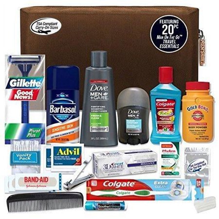 Convenience Kits International Men’s Premium 20-Piece Kit with Travel Size TSA Compliant Essentials Featuring: Dove Men & Care Products in Brown Dopp Bag