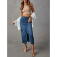 thumbnail image 4 of Musuos Women Blue Denim Skirt, Elegant High Waist Front Slit Long Skirt for Casual Daily, 4 of 8